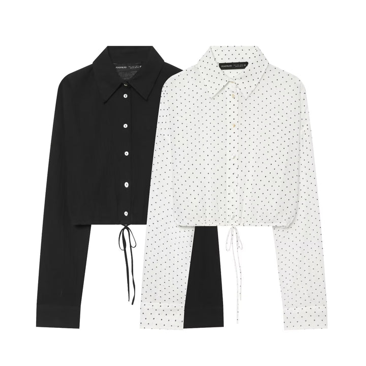 Damen Gepunktete Cropped-Bluse mit Kordelzug und Hemdkragen Echo Archiv