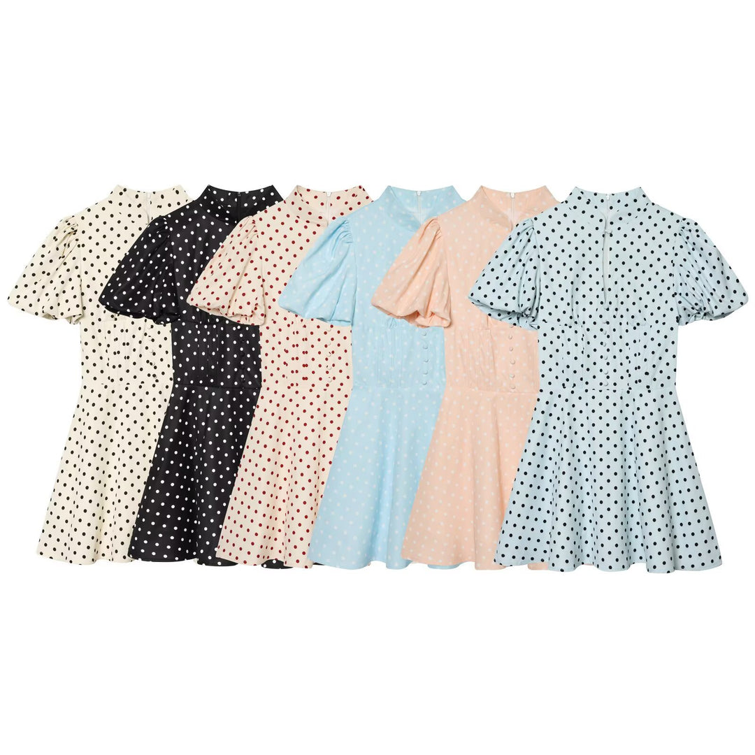 Damen Gepunktetes A‑Linien‑Kleid mit Stehkragen, Taillierung und Ballonärmeln Echo Archiv