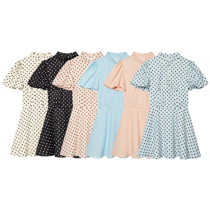 Damen Gepunktetes A‑Linien‑Kleid mit Stehkragen, Taillierung und Ballonärmeln Echo Archiv