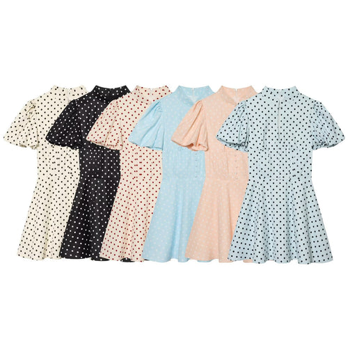 Damen Gepunktetes A‑Linien‑Kleid mit Stehkragen, Taillierung und Ballonärmeln Echo Archiv