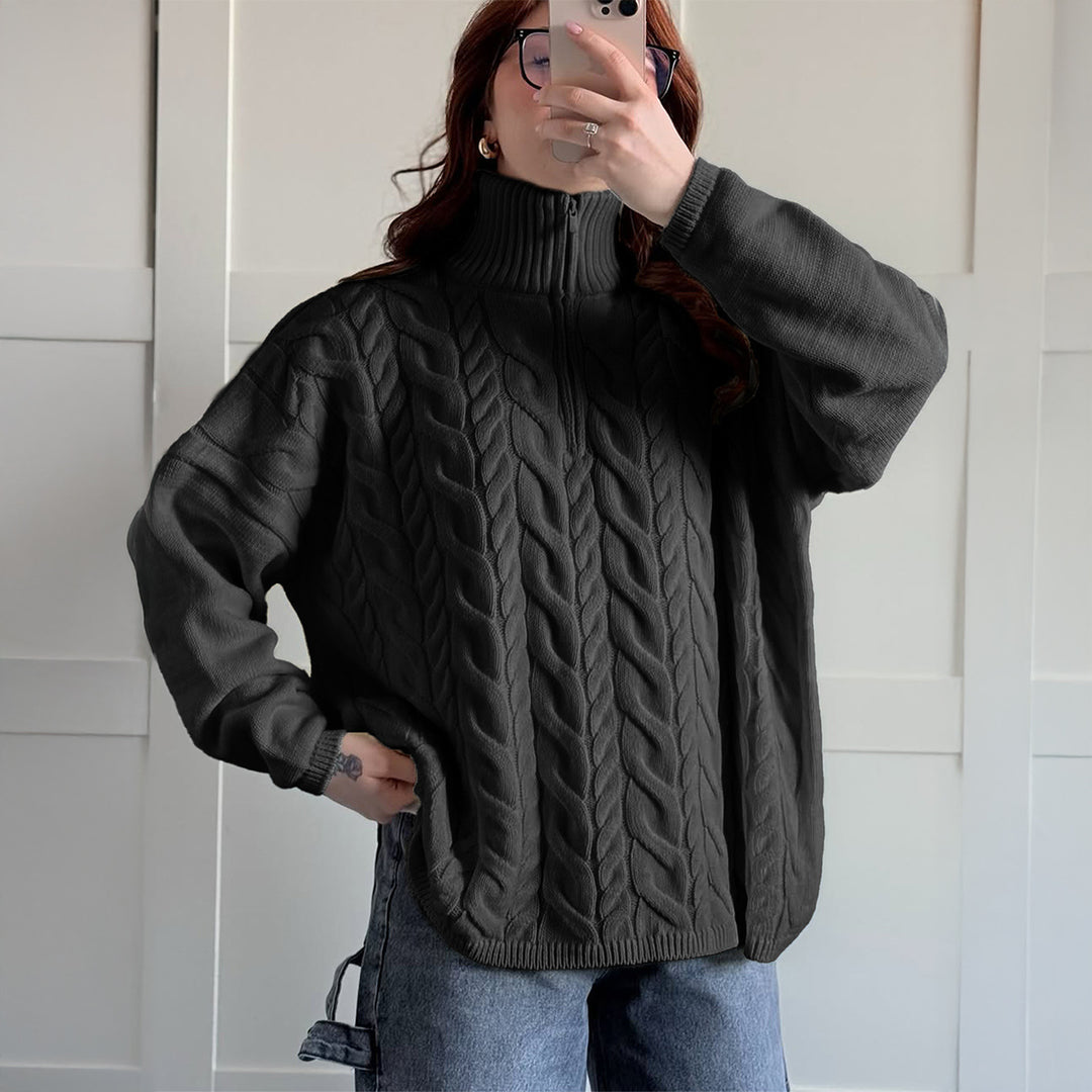 Damen nan oversized Zopfmuster-Troyer mit halbem Reißverschluss, hohem Stehkragen und gerundetem Saum Echo Archiv
