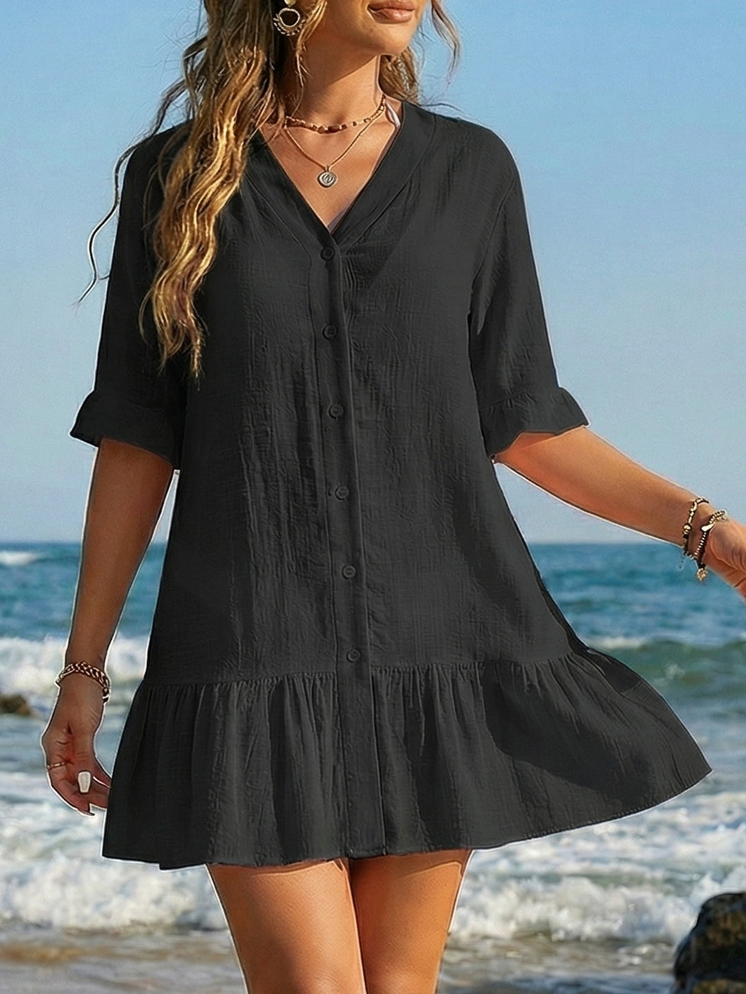 Damen luftiges Sommerkleid mit Knopfleiste und Rüschen Echo Archiv