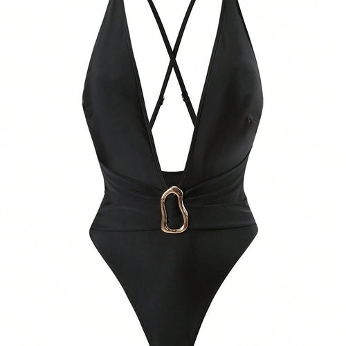 Damen Einteiler Badeanzug mit tiefem V-Ausschnitt und stilvollem Ringdetail Echo Archiv