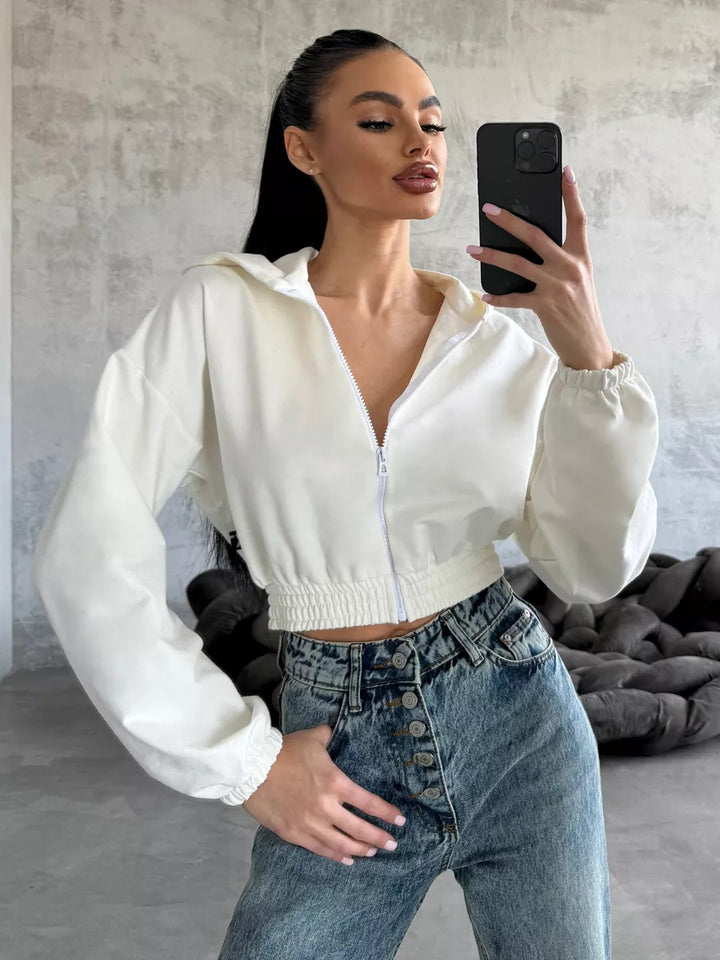Damen Kurzgeschnittene Kapuzenjacke mit Reißverschluss, elastischem Bund und legerer Passform – Auréline