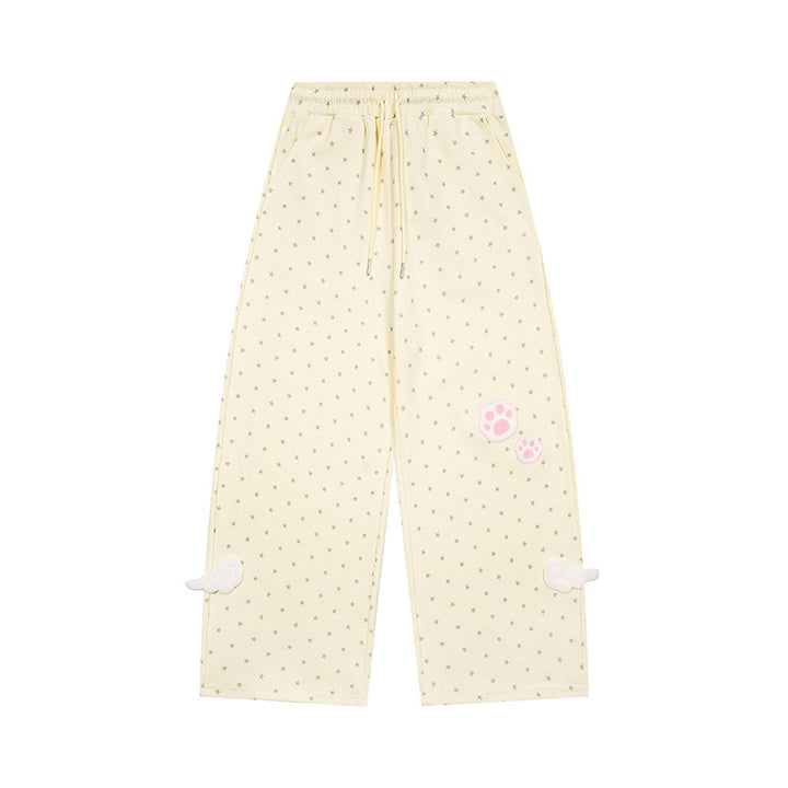 Damen Weite Lounge-Hose mit elastischem Bund, Sternenallover und Pfoten-Applikation Echoarchiv