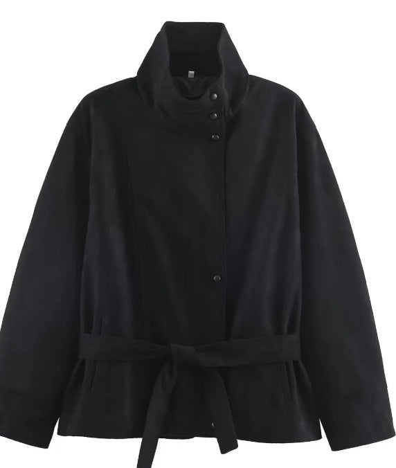 Damen Veloursleder-Optikjacke mit hohem Stehkragen und Taillengürtel Echo Archiv