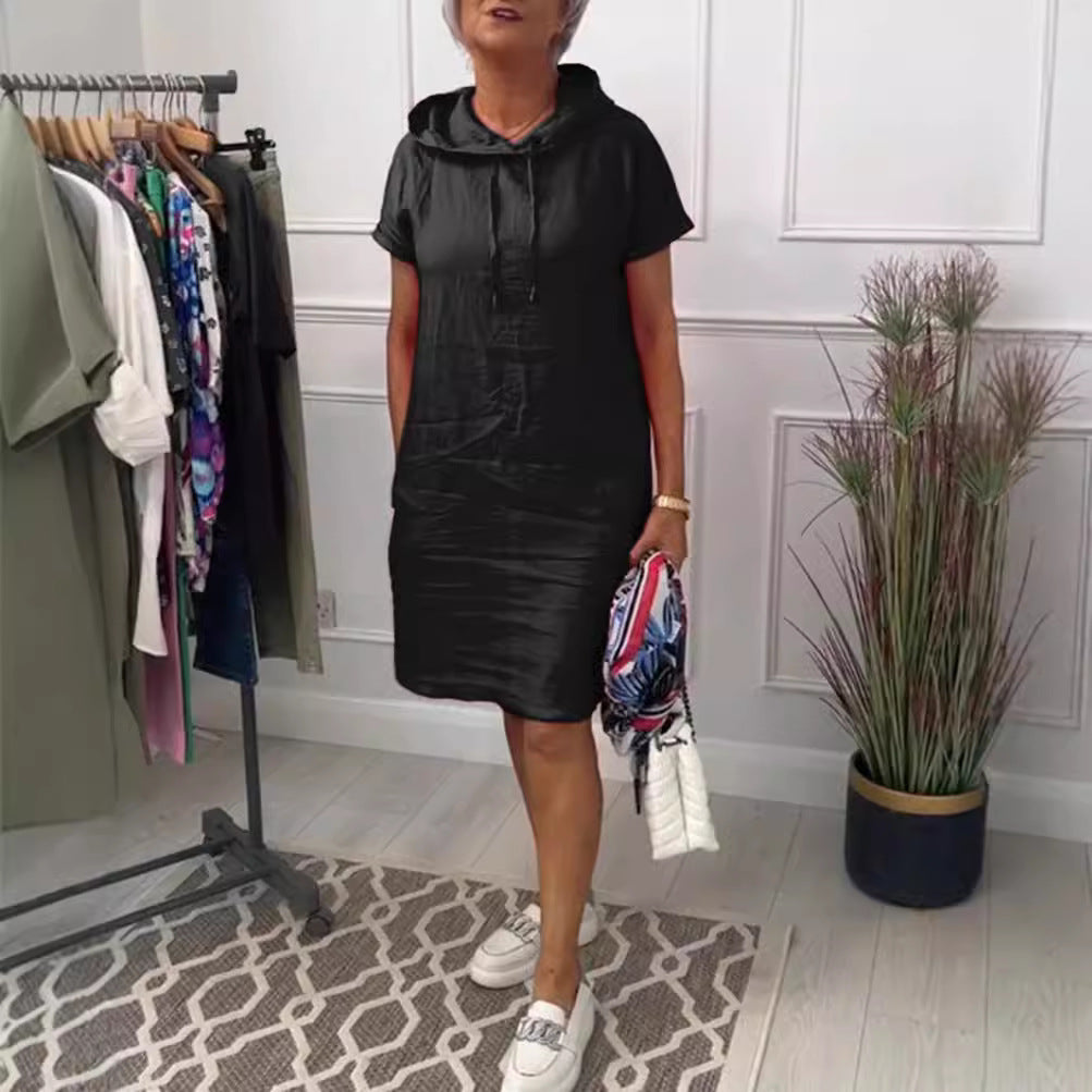 Damen nan lässiges Kapuzen-Midikleid mit kurzen Ärmeln und geradem Relax‑Schnitt Echo Archiv