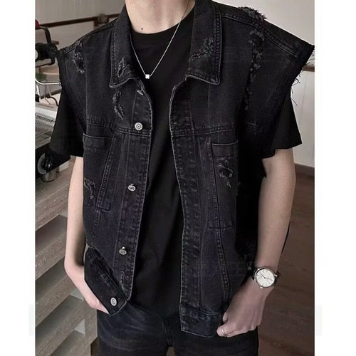 Herren Denim-Weste im Vintage-Used-Look mit Destroyed-Taschen und kastiger Passform Echoarchiv