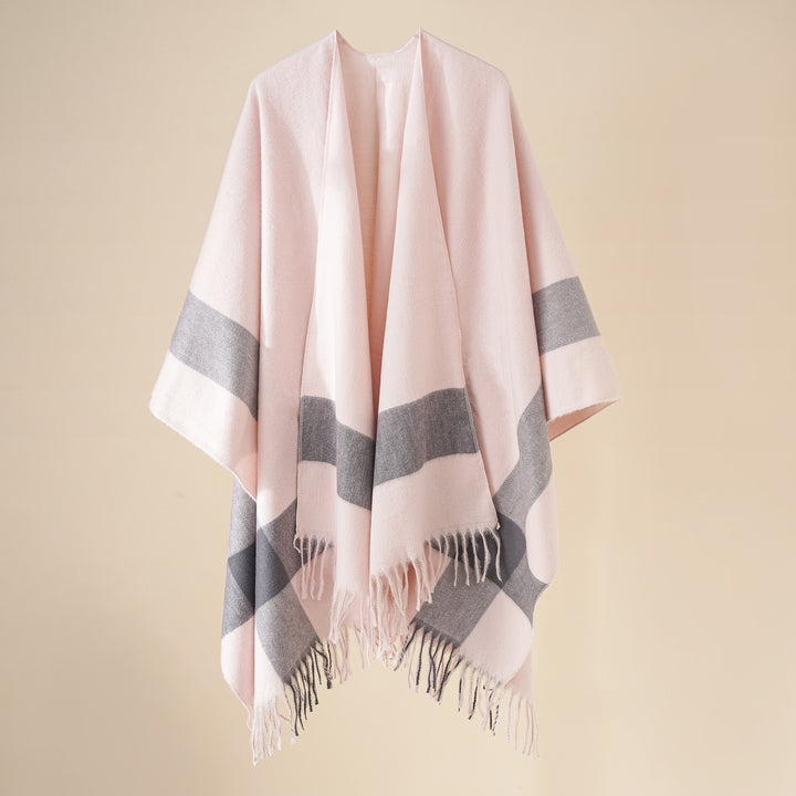 Damen Wollmix-Poncho mit Karomuster und Fransen Echo Archiv