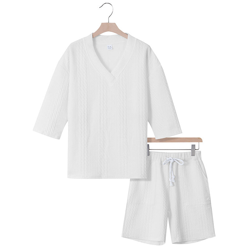 Unisex nan lässiges Lounge-Set mit V-Ausschnitt-Oberteil und Kordelbund-Shorts Echo Archiv