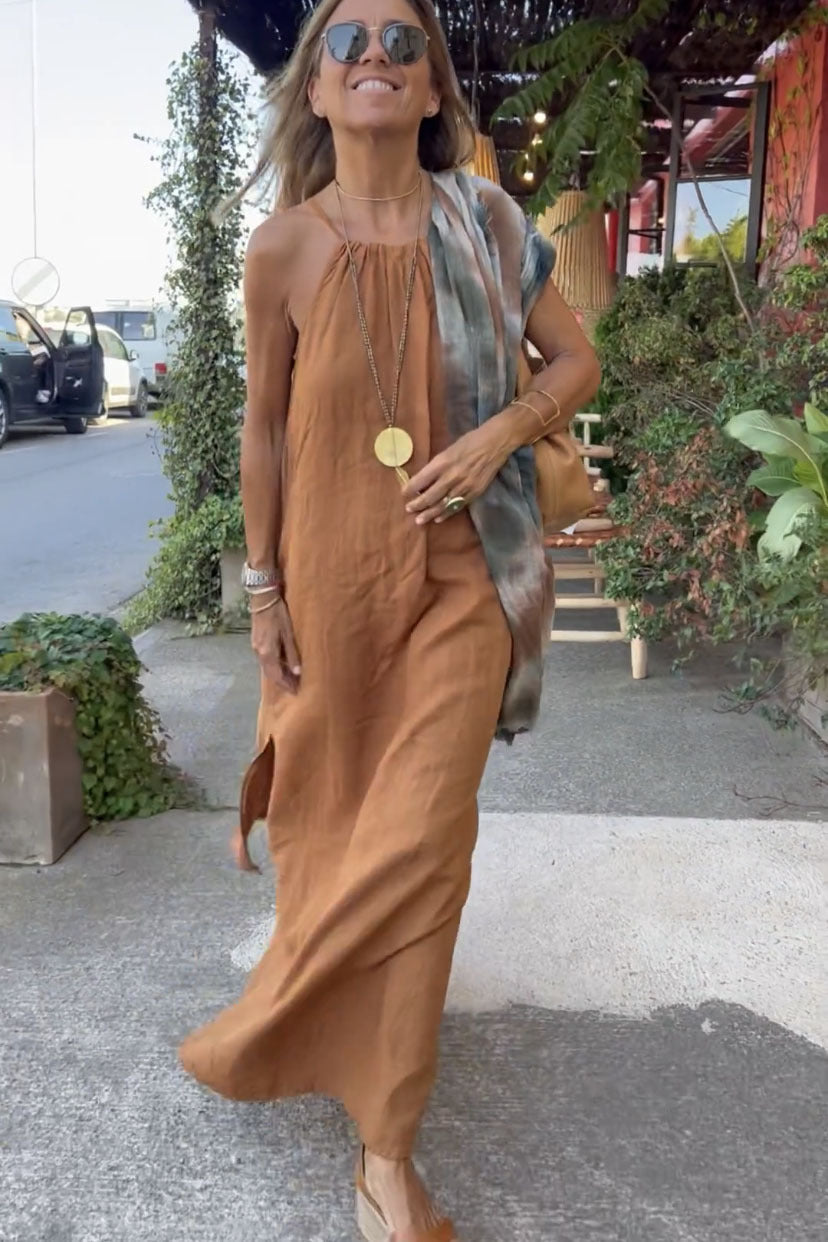 Damen Langes Leinenkleid mit schulterfreier Trägerkonstruktion und flirtendem Schlitz – Valéora