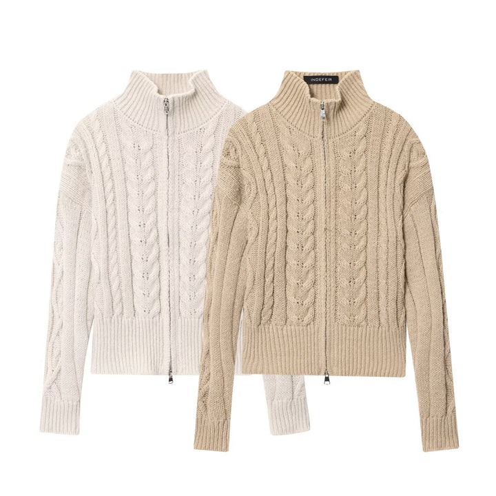 Damen Grobgestrickte Zopfstrick-Cardigan mit Stehkragen und Reißverschluss Echoarchiv