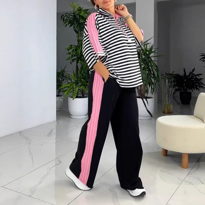 Damen nan lässiges zweiteiliges Polo-Lounge-Set mit Oversize-Streifen, Pompom-Applikation und kontrastierenden Seitenbahnen Echo Archiv