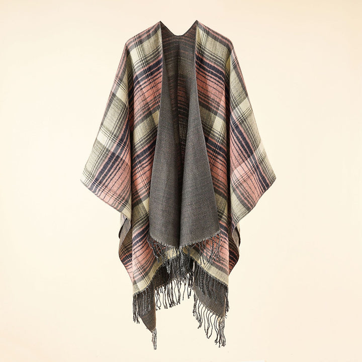 Damen Kastiger Plaid-Ruana aus leichtem Wollmix mit dekorativem Fransensaum – Avérine