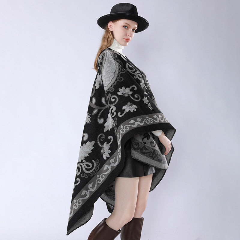 Damen Wollmix-Poncho-Umhang mit Paisley-Jacquard und Ziernaht – Célinea