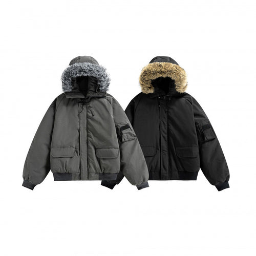 Unisex Wattierte Bomberjacke mit Kunstfellkapuze, geripptem Saum und Utility-Taschen Echo Archiv