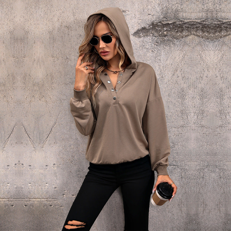 Damen Lässiges Kapuzen-Henley-Sweatshirt mit Druckknopfleiste und Gummizug-Saum Echoarchiv