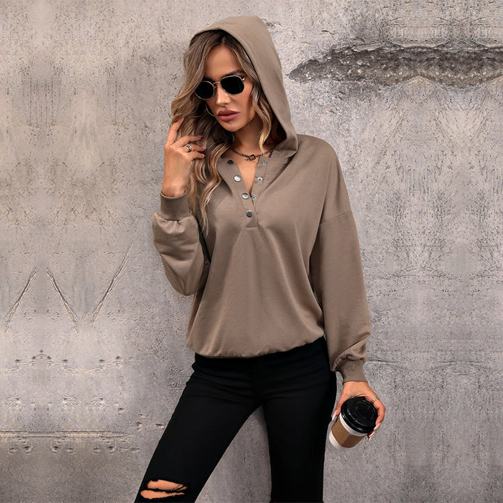 Damen Lässiges Kapuzen-Henley-Sweatshirt mit Druckknopfleiste und Gummizug-Saum Echoarchiv