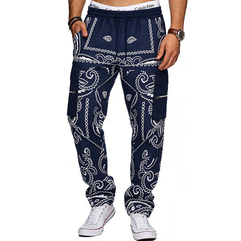 Herren Cargo-Hose mit Bandana-Print, elastischem Bund und Zipper-Taschen – Bravaro