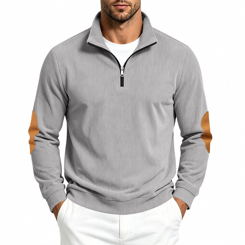 Herren Leichter Struktur-Halbzip-Pullover mit Cord‑Ellbogenpatches und Stehkragen Echoarchiv