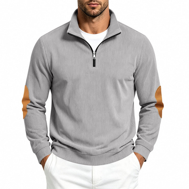 Herren Leichter Struktur-Halbzip-Pullover mit Cord‑Ellbogenpatches und Stehkragen Echoarchiv