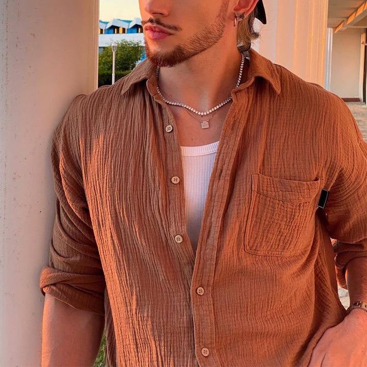 Herren Texturiertes Baumwoll-Gauze-Hemd mit Brusttasche und Relaxed Fit Echoarchiv