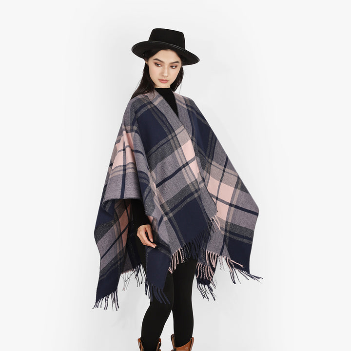 Damen Rechteckiger Plaid‑Überwurf mit weichem Wollmix und Fransensaum – Avérine