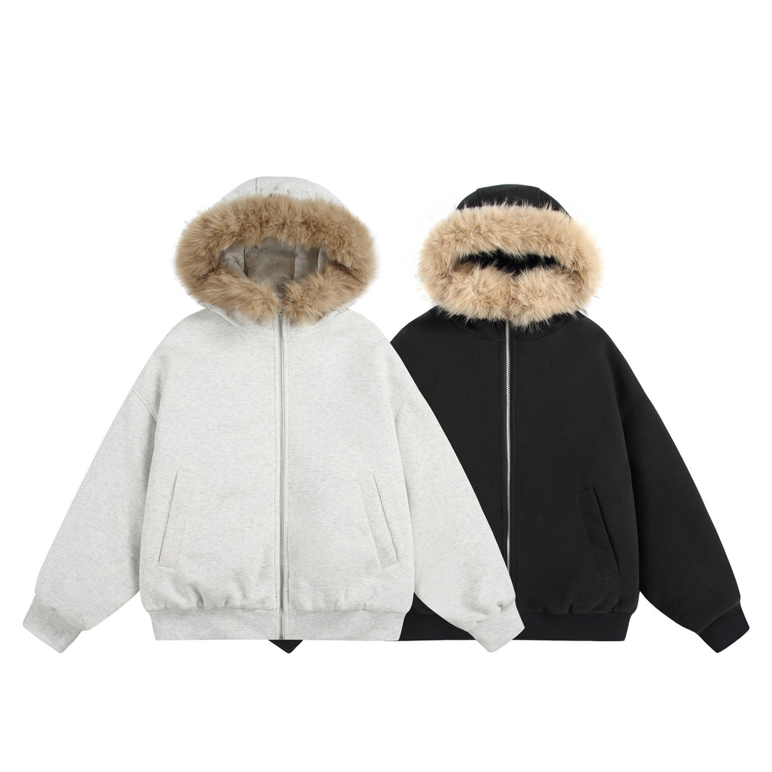 Damen Kurzboxy Kapuzenblouson aus French‑Terry mit voluminöser Kunstfellkante Echoarchiv