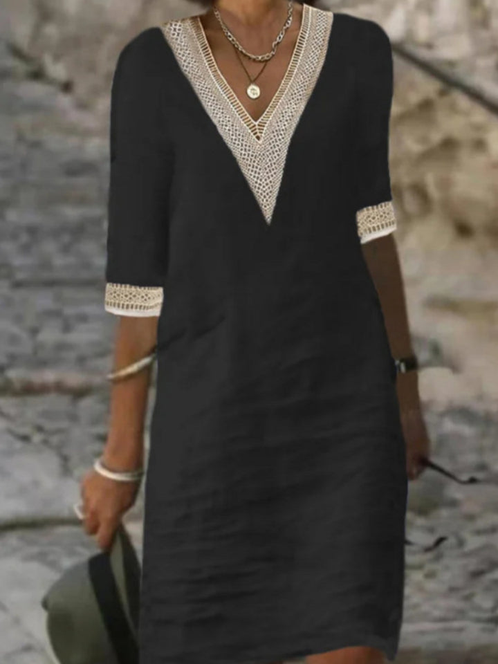 Damen Leinenlook Midi Kleid mit gehäkeltem V-Ausschnitt und 3/4 Ärmeln Echoarchiv