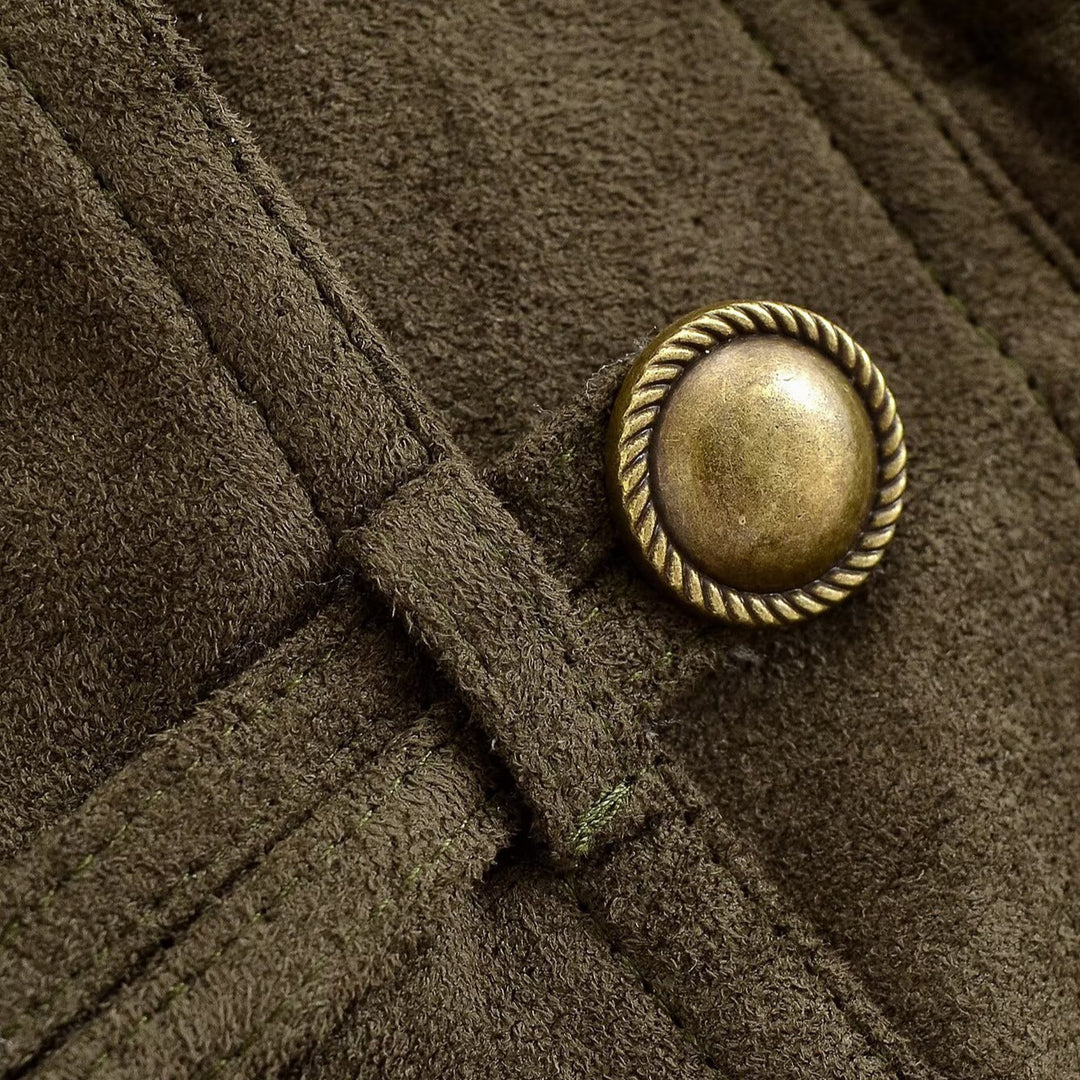 Damen Cropped Wildlederoptik-Jacke mit Schalkragen, Taillenraffung und dekorativen Knebelknöpfen Echoarchiv