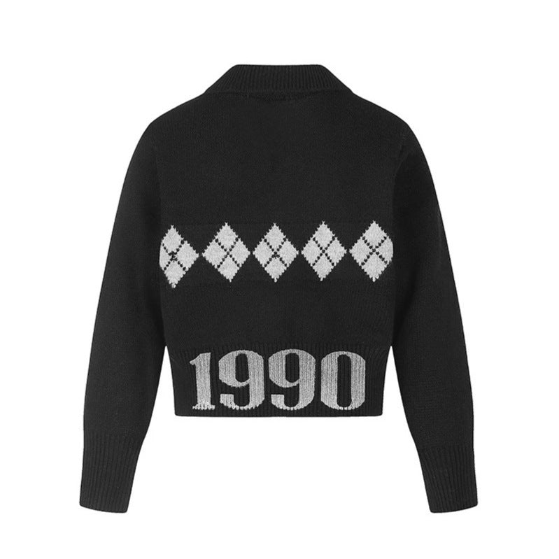 Damen Cropped Strickpullover mit Polokragen, Rippbund und Argyle‑Motiv Echoarchiv