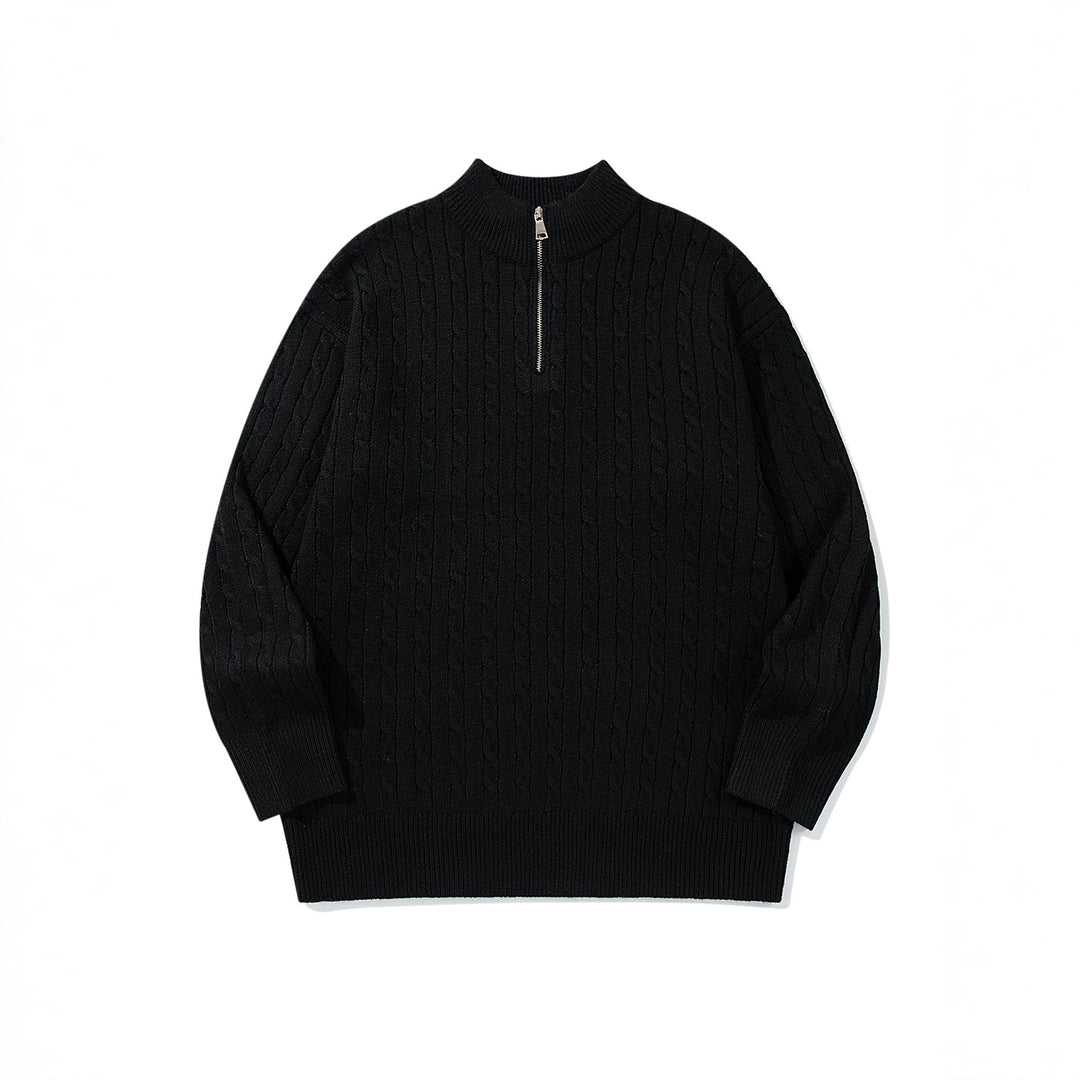 Unisex Zopfmuster-Halbzip-Strickpullover mit hohem Rippkragen und längerem Saum Echoarchiv