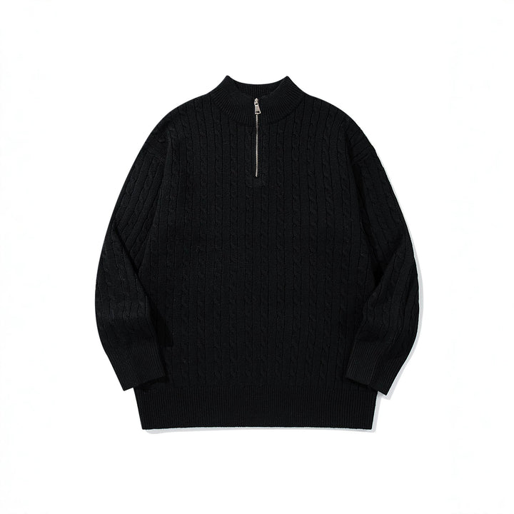 Unisex Zopfmuster-Halbzip-Strickpullover mit hohem Rippkragen und längerem Saum Echoarchiv