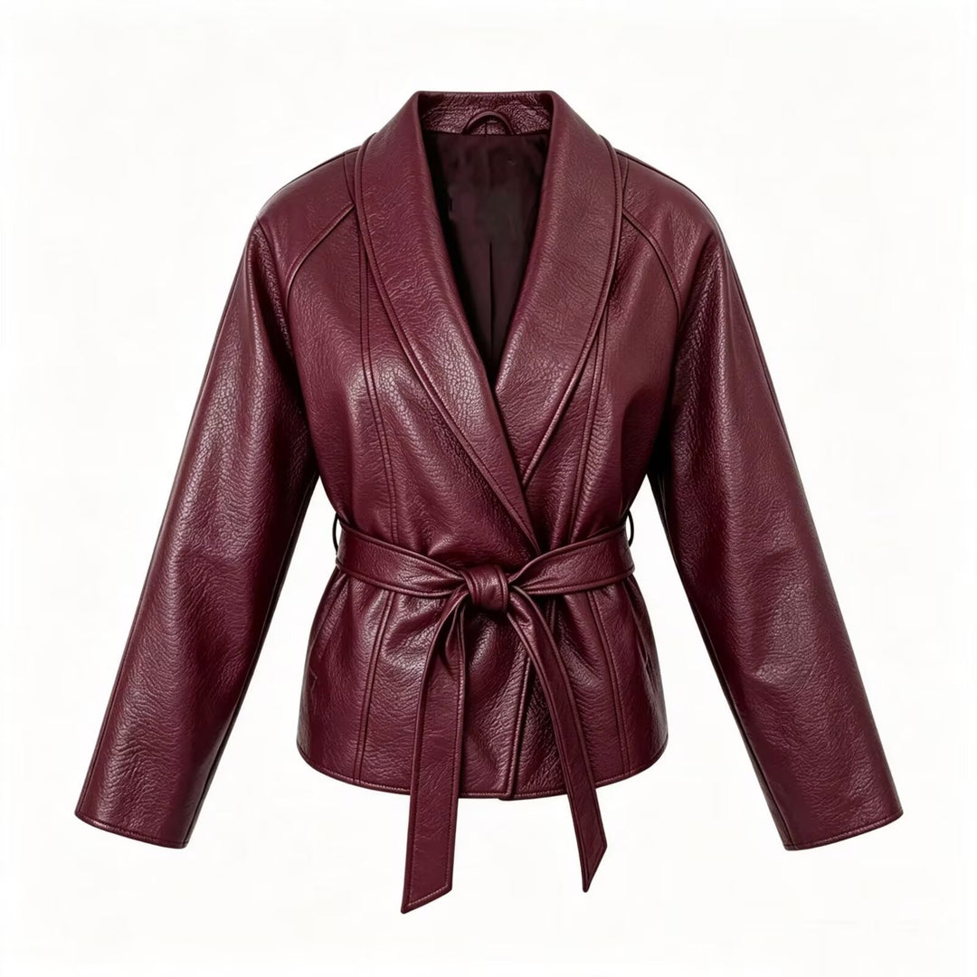 Damen Taillierte Kunstlederjacke mit Schalkragen und Bindegürtel Echo Archiv