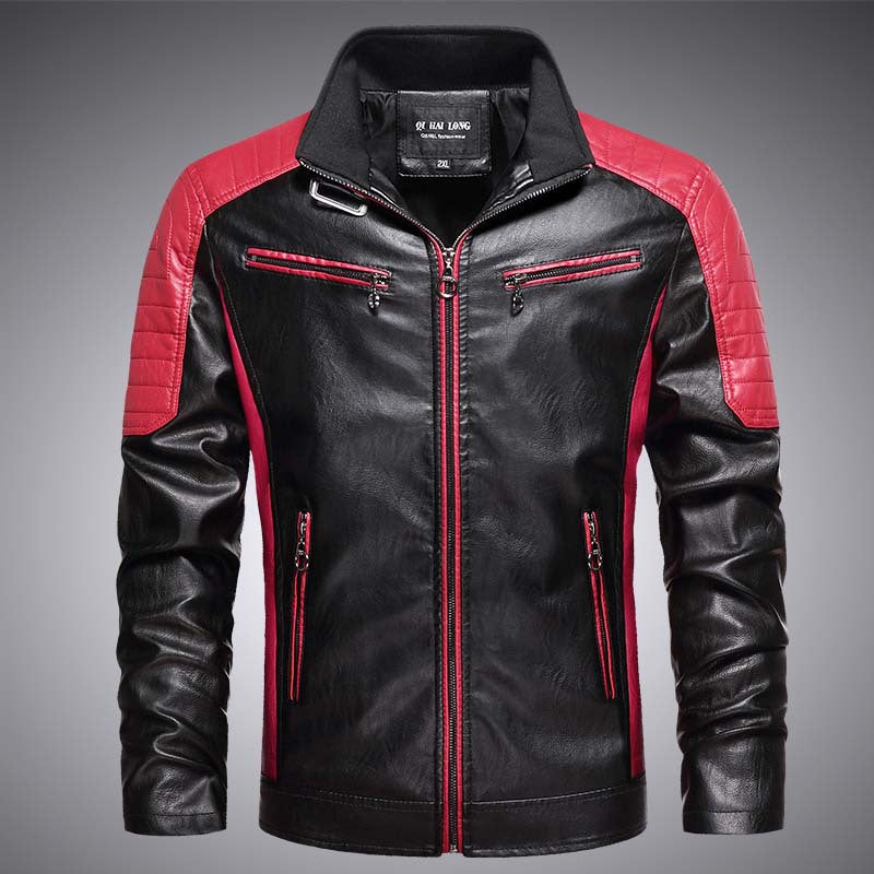 Herren Biker-Lederimitatjacke im Racing-Stil mit Stehkragen und Reißverschlusstaschen Echoarchiv
