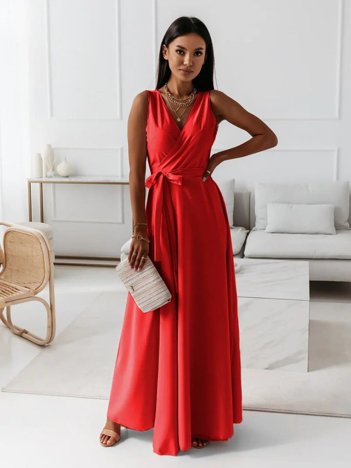Damen einfarbig V-Ausschnitt Langes Kleid – Valéora