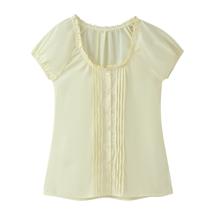 Damen Schlichte Chiffonbluse mit Rüschensaum, kurzen Ärmeln und Biesen-Front Echo Archiv