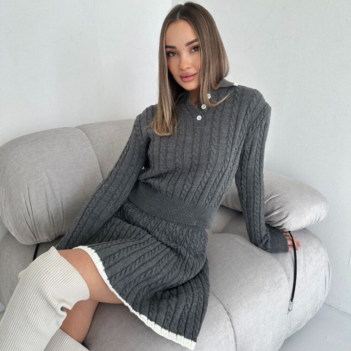 Damen nan Kabelstrick-Set mit Polo-Kragen und ausgestelltem A-Linien-Rock Echo Archiv