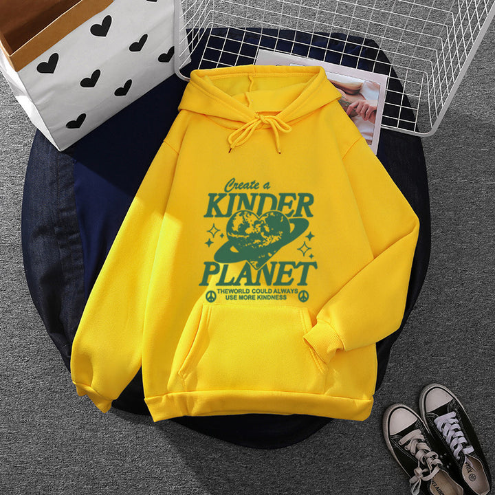 Unisex oversized Kapuzenpullover mit Statement-Print "Kinder Planet", Kängurutasche und weichem Futter – Auréline