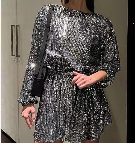 Damen Funkelndes Minikleid mit raffiniertem Faltenwurf und glamorous Ärmeln Echo Archiv