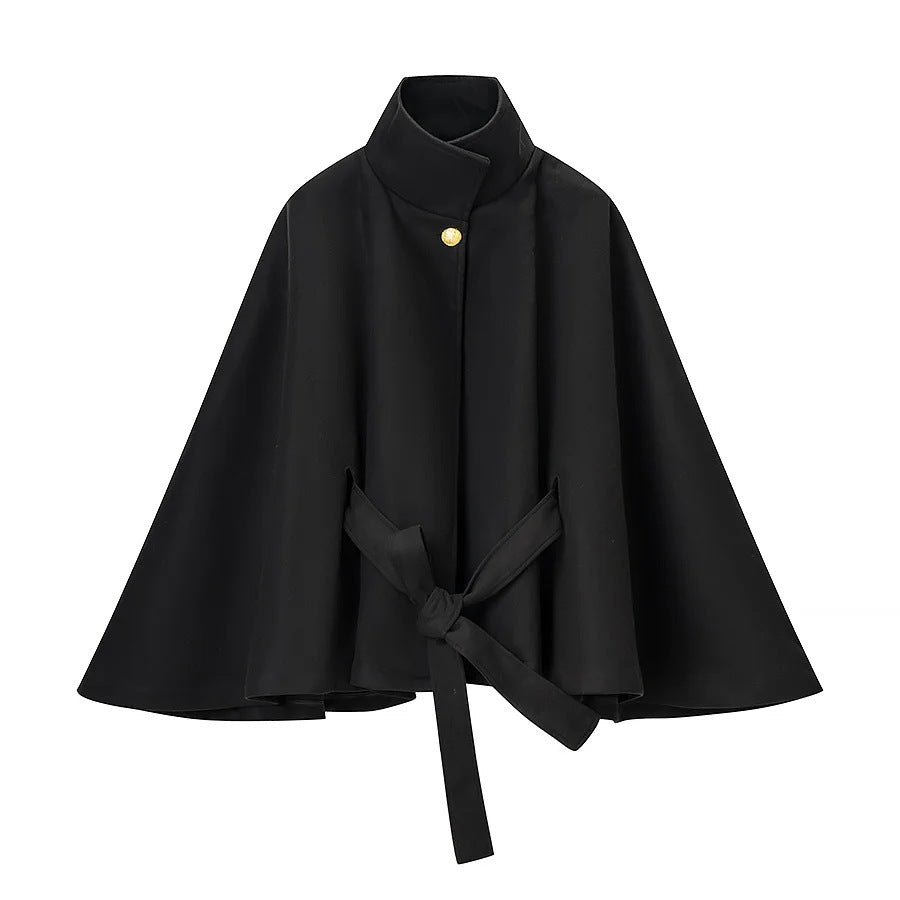 Damen taillierter Wollcape-Mantel mit Stehkragen Bindegürtel und verdeckter Knopfleiste – Montévia