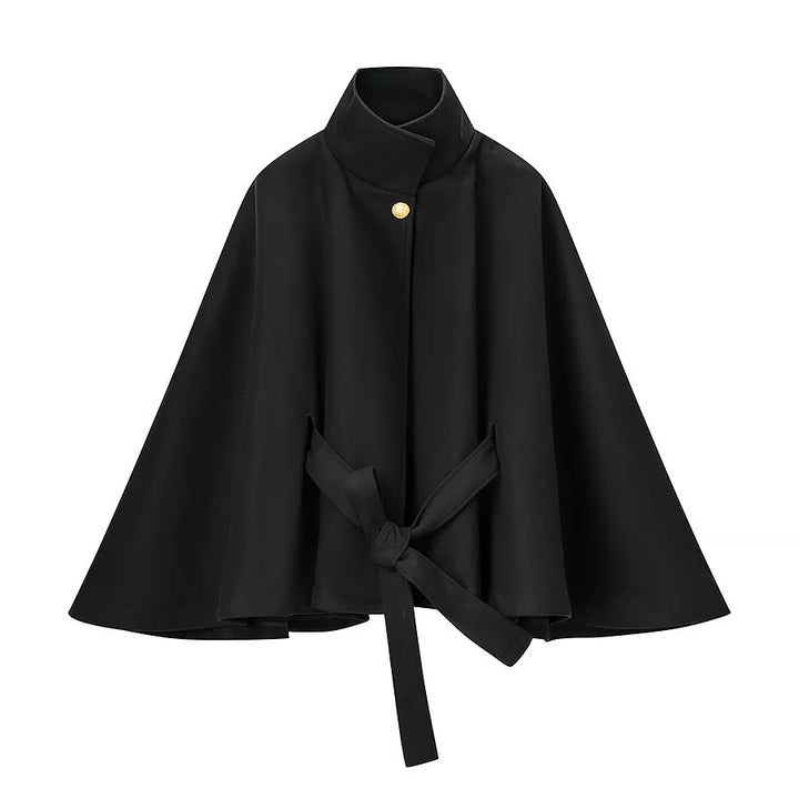 Damen taillierter Wollcape-Mantel mit Stehkragen Bindegürtel und verdeckter Knopfleiste – Montévia