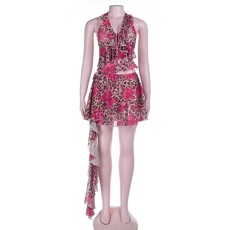 Damen asymmetrisches Wickelkleid mit Rüschendetails und femininem Leopardenmuster Echo Archiv