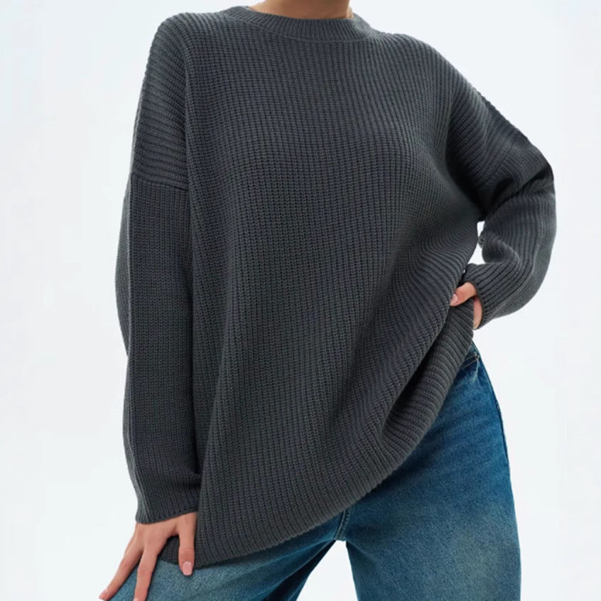 Damen Oversize Strukturstrick-Pullover mit Rundhalsausschnitt und überschnittener Schulter – Mavelle