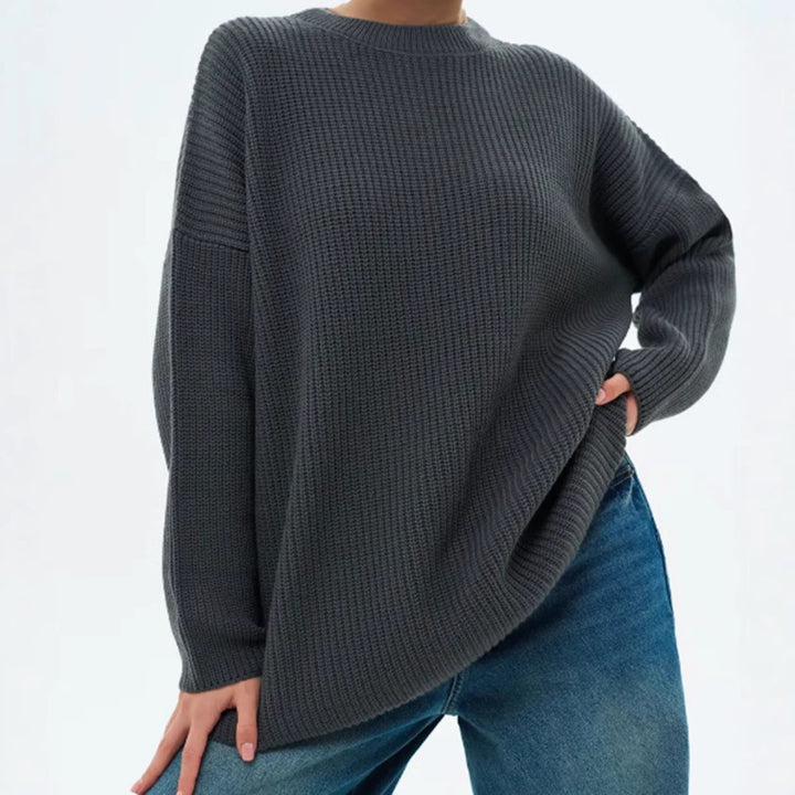 Damen Oversize Strukturstrick-Pullover mit Rundhalsausschnitt und überschnittener Schulter – Mavelle