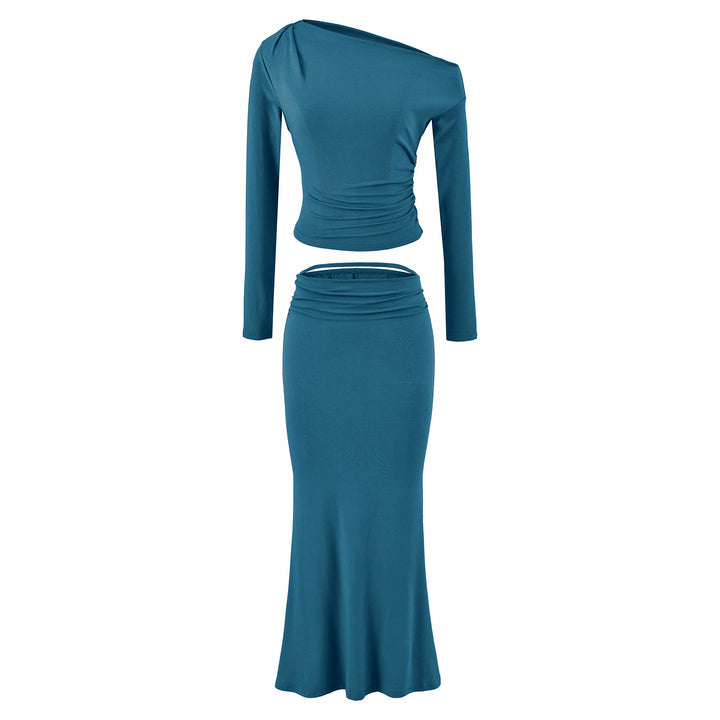Damen Einschultriges zweiteiliges Set mit gerafftem Crop-Top und tailliertem Maxirock Echoarchiv