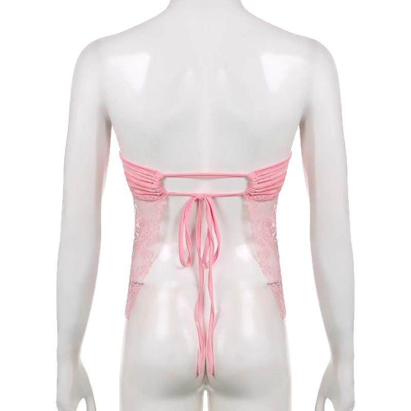 Damen Spitzen-Crop-Top mit elegante Raffung und transparenter Details Echo Archiv