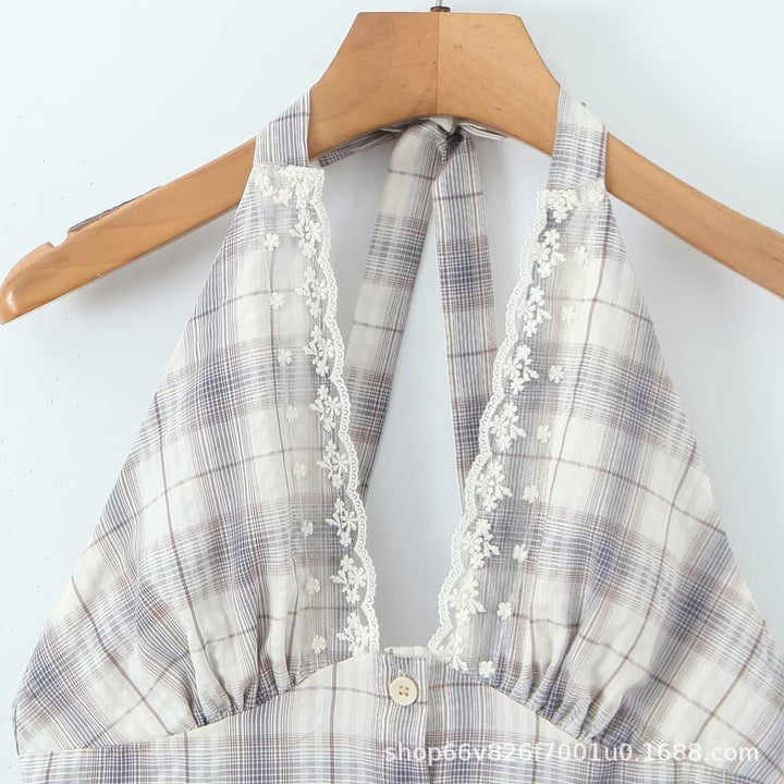 Damen Halterkleid mit floralem Spitzenbesatz und Knopfleiste Echo Archiv