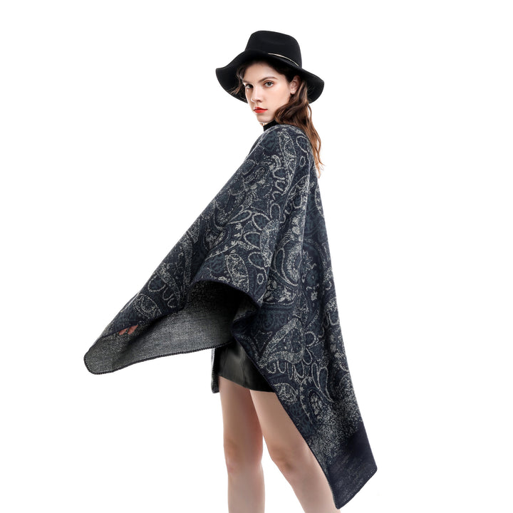 Damen Paisley-Jacquard-Capeponcho aus Wollmix mit Zierkettelnaht – Montévia
