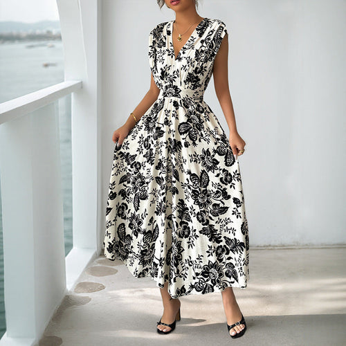 Damen Fließendes Midikleid mit V-Ausschnitt, geraffter Taille und Jacquard‑Struktur Echoarchiv